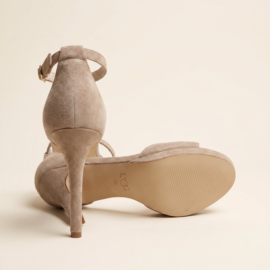 Beige Platform Hakken Dames met Enkelbandje – Micro Suède | Party Heels – achterkant detail