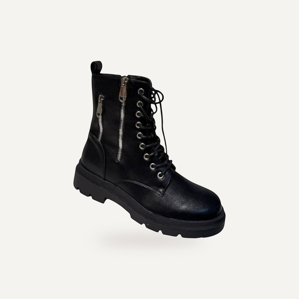Zwarte Combat Boots Dames met Veters en Zijrits |  – gespiegeld