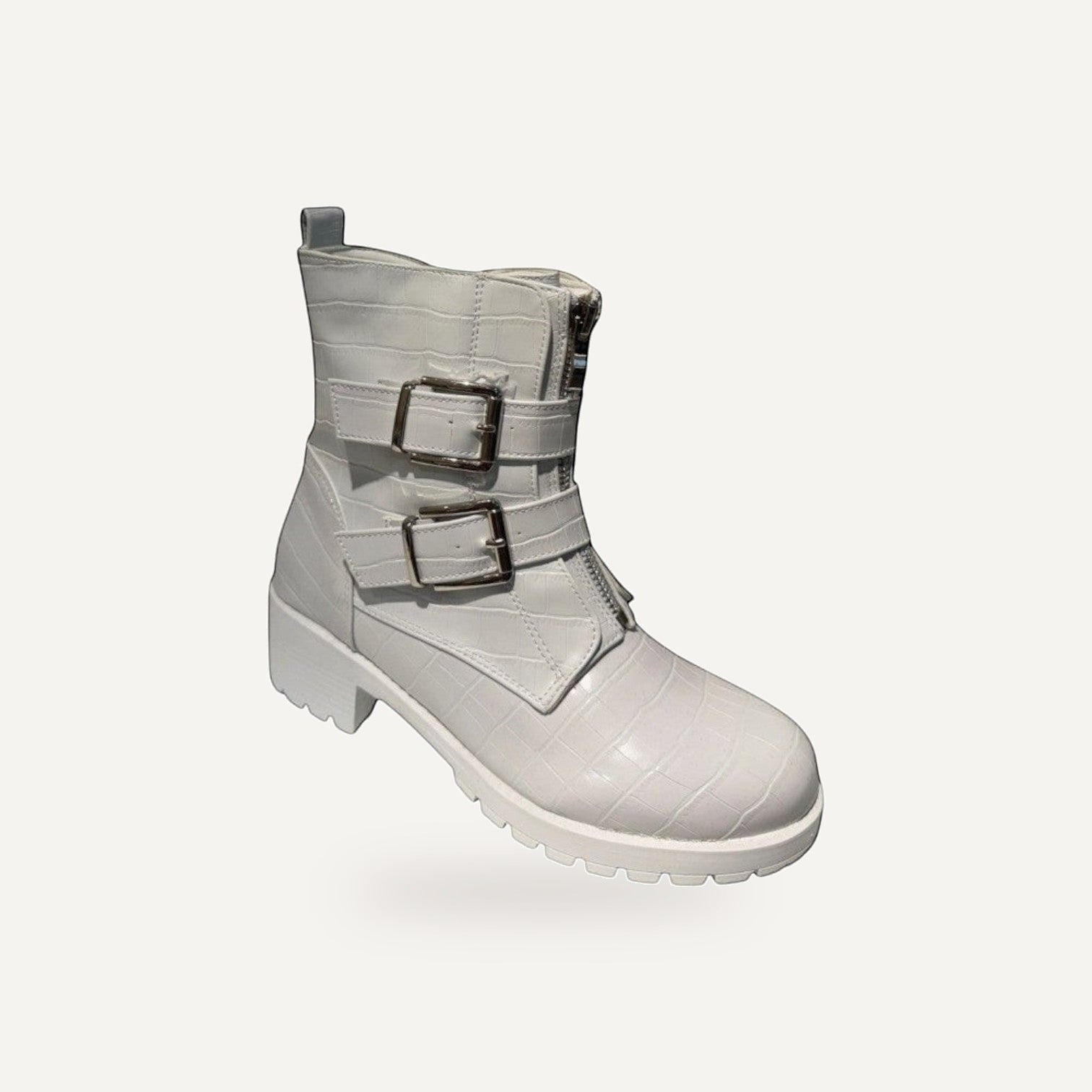Witte Combat Boots Dames – Croco Effect met Gesp | – gespiegeld