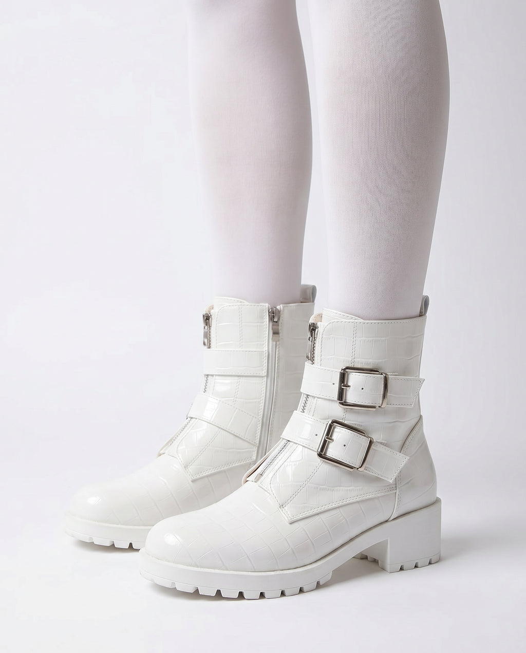 Witte Combat Boots Dames – Croco Effect met Gesp | – model studio