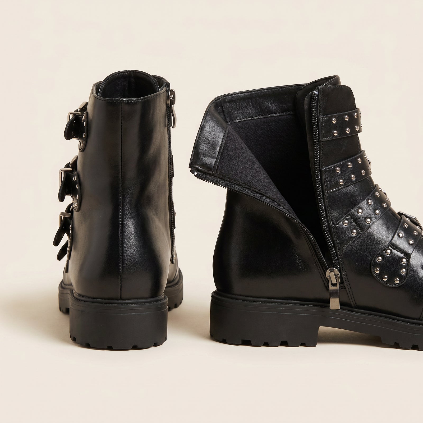 Zwarte Studded Combat Boots Dames – Gesp Straps |  – achterkant