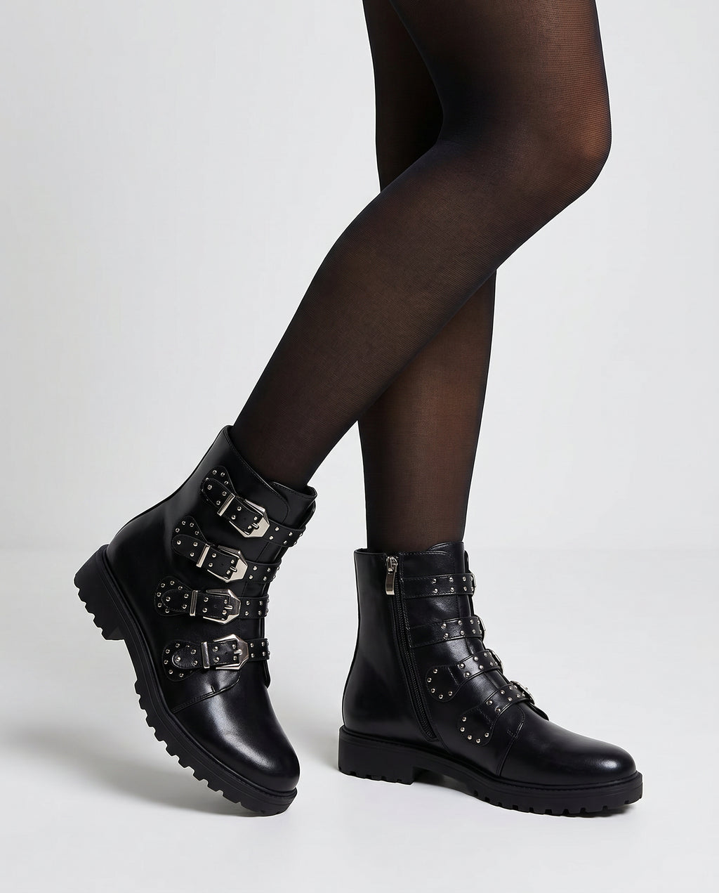 Zwarte Studded Combat Boots Dames – Gesp Straps |  – model studio