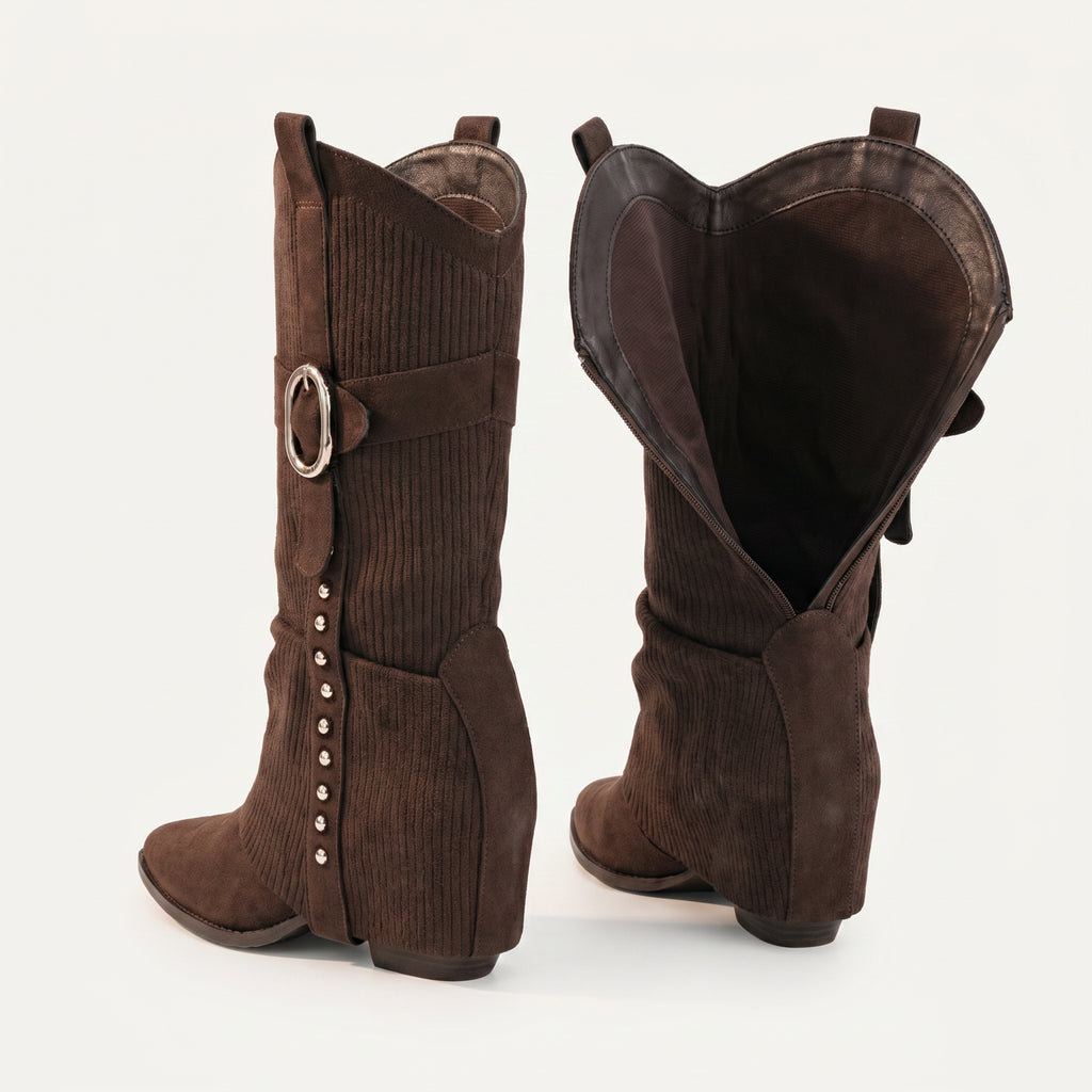 Bruine Micro Suède Western Cowboy Boots Dames | Fe – achterkant