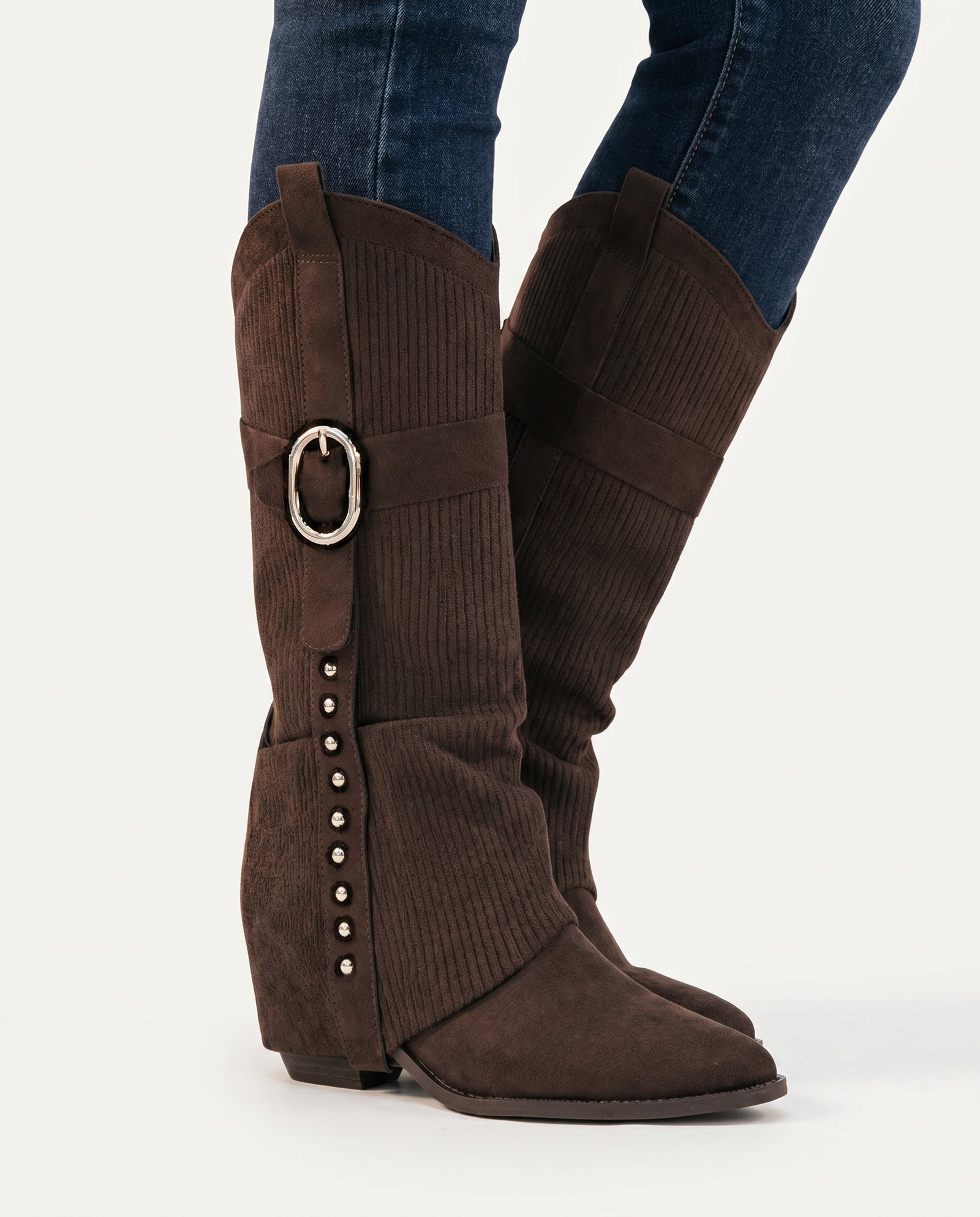 Bruine Micro Suède Western Cowboy Boots Dames | Fe – model studio