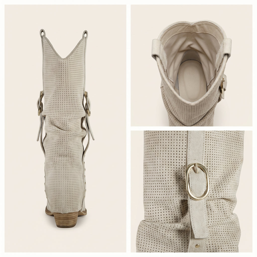 Beige Perforated Western Boots Dames – Suède Look | Festival Laarzen – achterkant detail