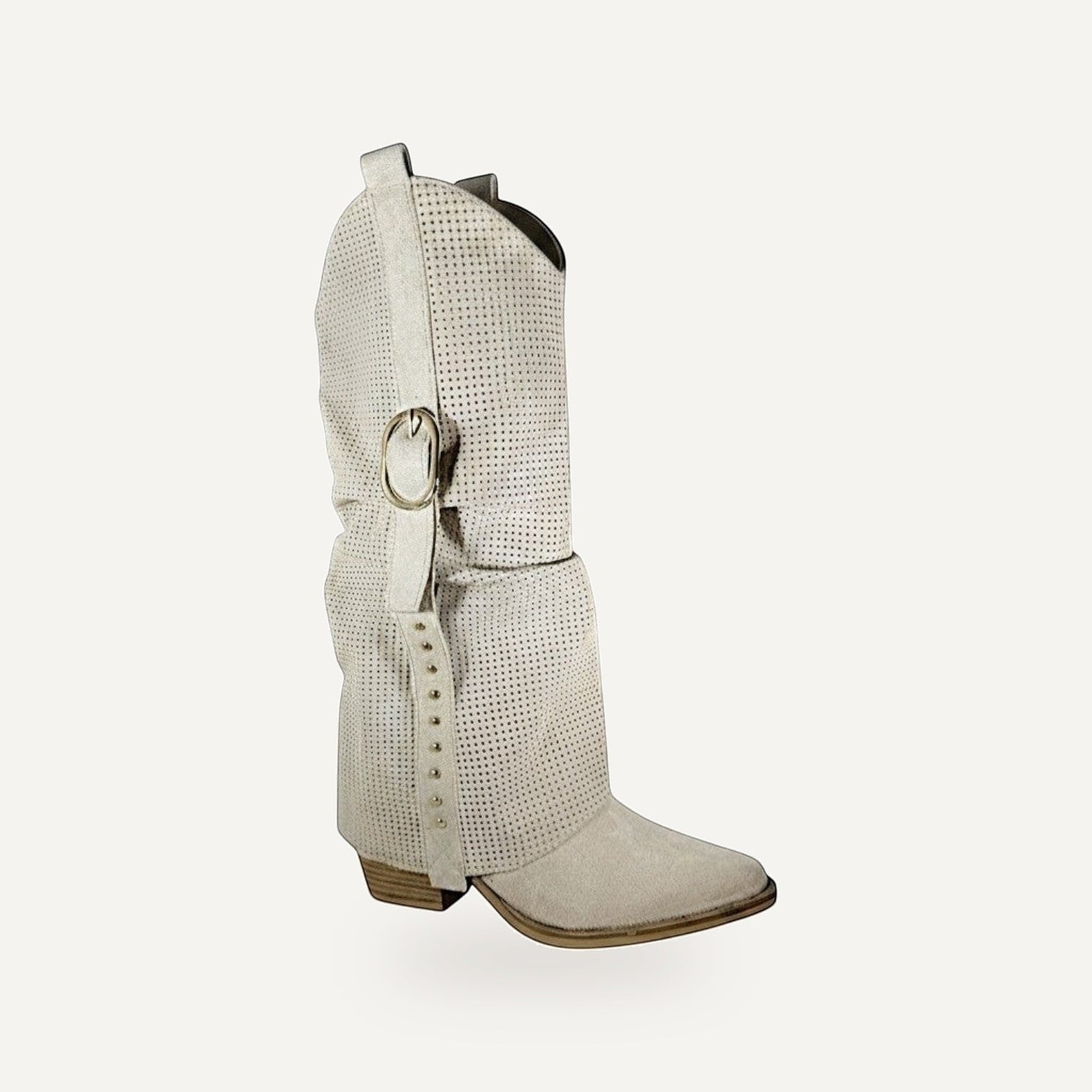 Beige Perforated Western Boots Dames – Suède Look | Festival Laarzen – gespiegeld