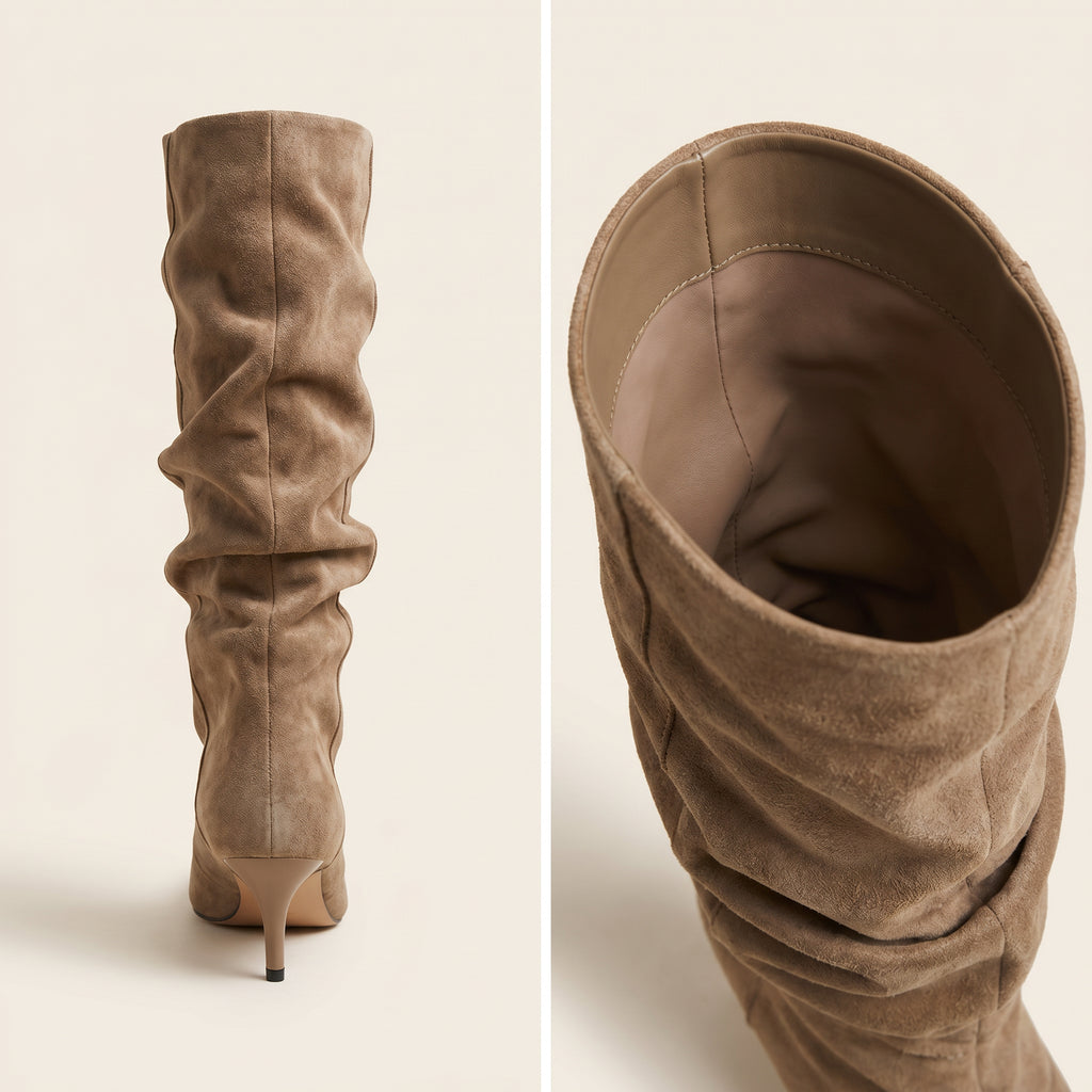 Slouch Kitten Heel Laarzen – Khaki Suède – achterkant