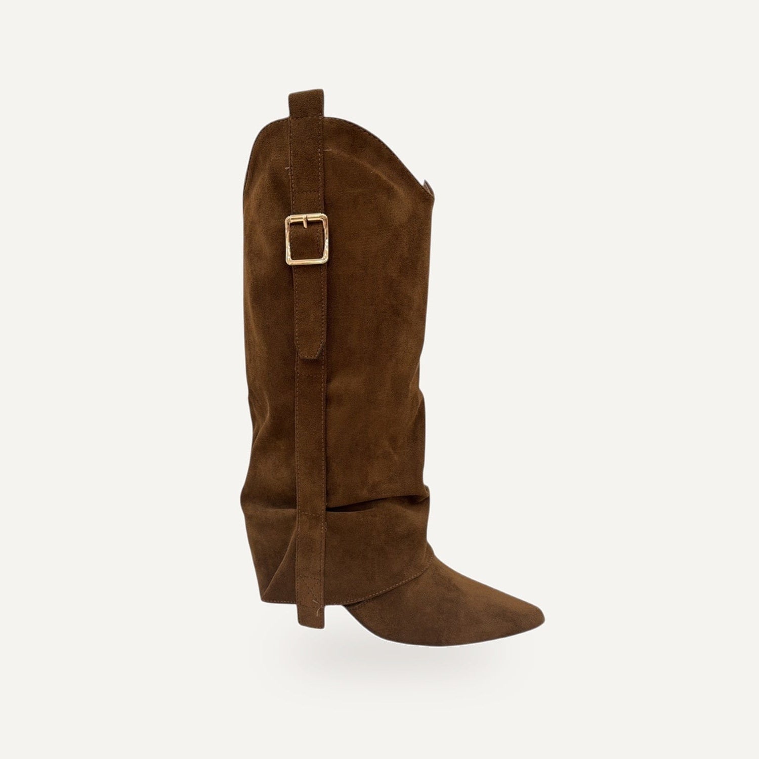 Fold-Over Laarzen Cognac – Suède met Gouden Gesp – gespiegeld