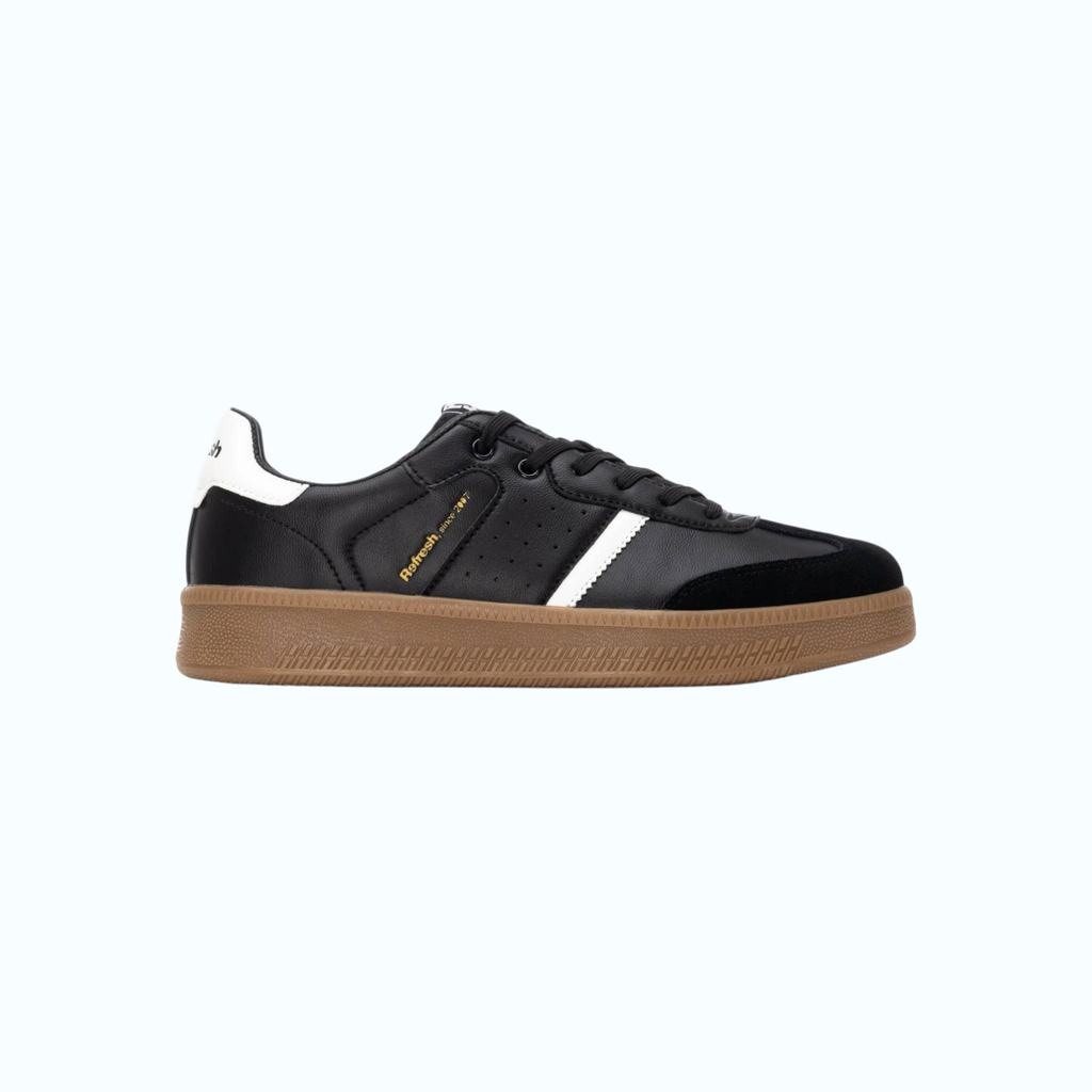 So and Ro - shoes and more - REFRESH Olivier zwarte sneakers met witte accenten en een bruine rubberen zool