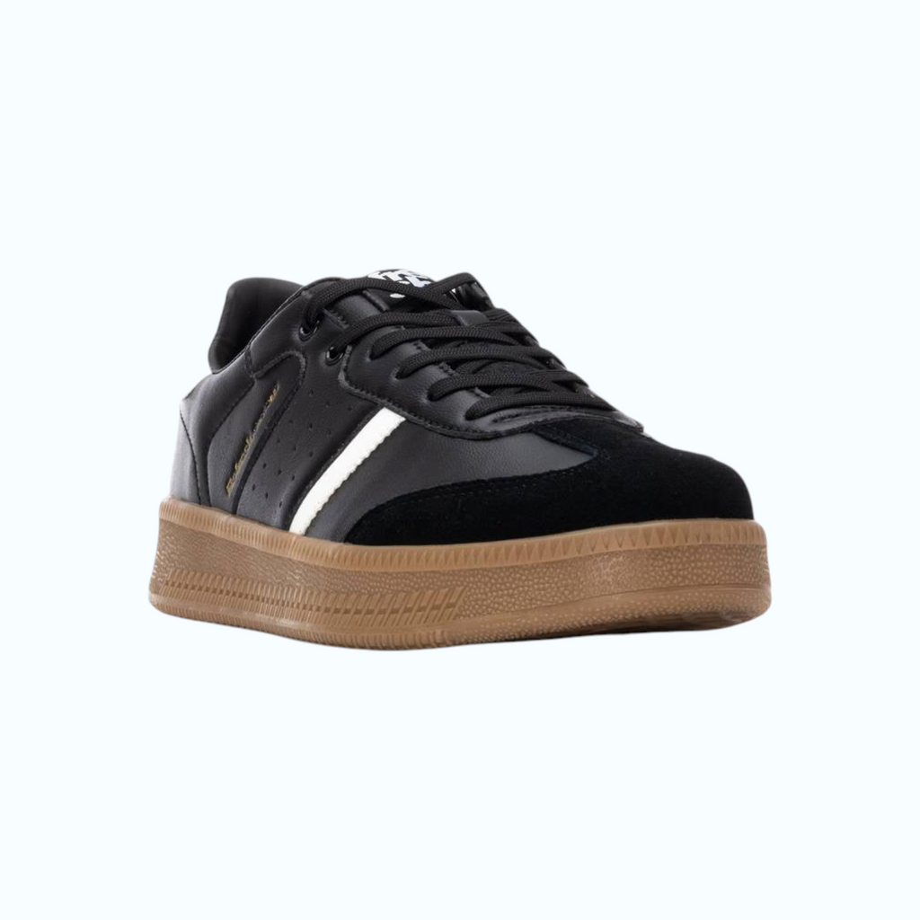 So and Ro - shoes and more - REFRESH Olivier zwarte herensneakers met bruine zool en witte streep detail