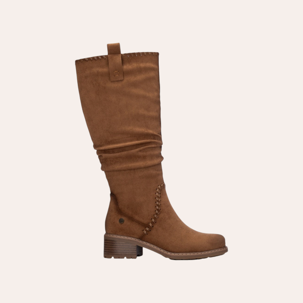 So and Ro - shoes and more - REFRESH bruine hoge laarzen met vlechtwerk, plooien en een comfortabele blokhak.