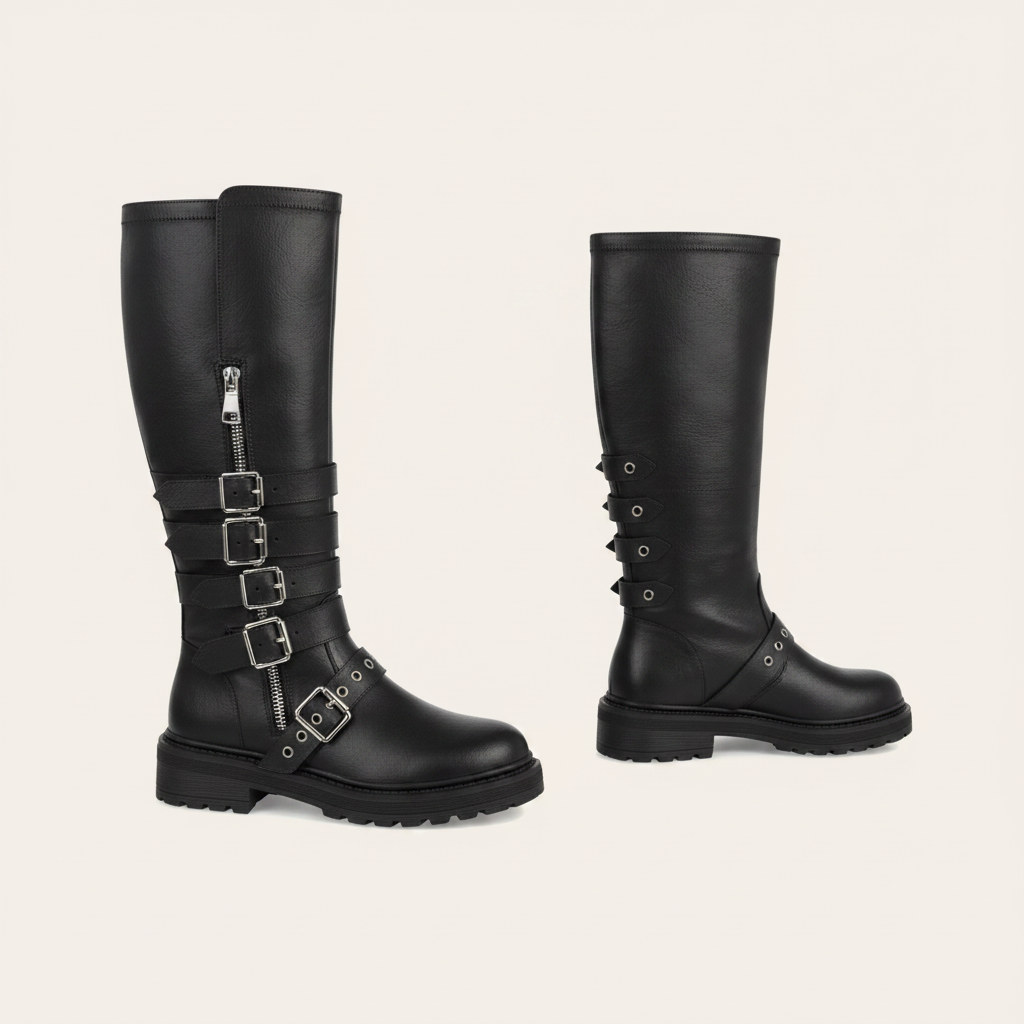 Celine Hoge Bikerlaars – Zwart Lederlook