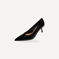 So and Ro black patent leather pointed-toe kitten heel pumps.