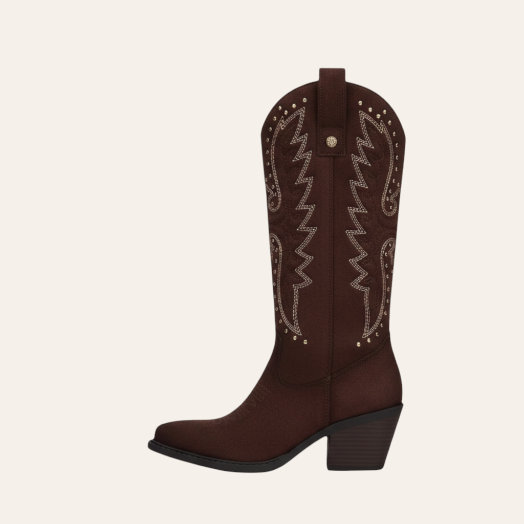 So and Ro - shoes and more - Wendy donkerbruine westernlaars van microsuède met borduurwerk en goudkleurige studs