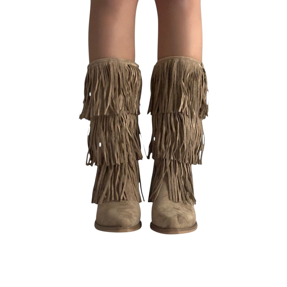 So and Ro tan suede boots with tiered fringe detailing and block heel. Bohemian style.