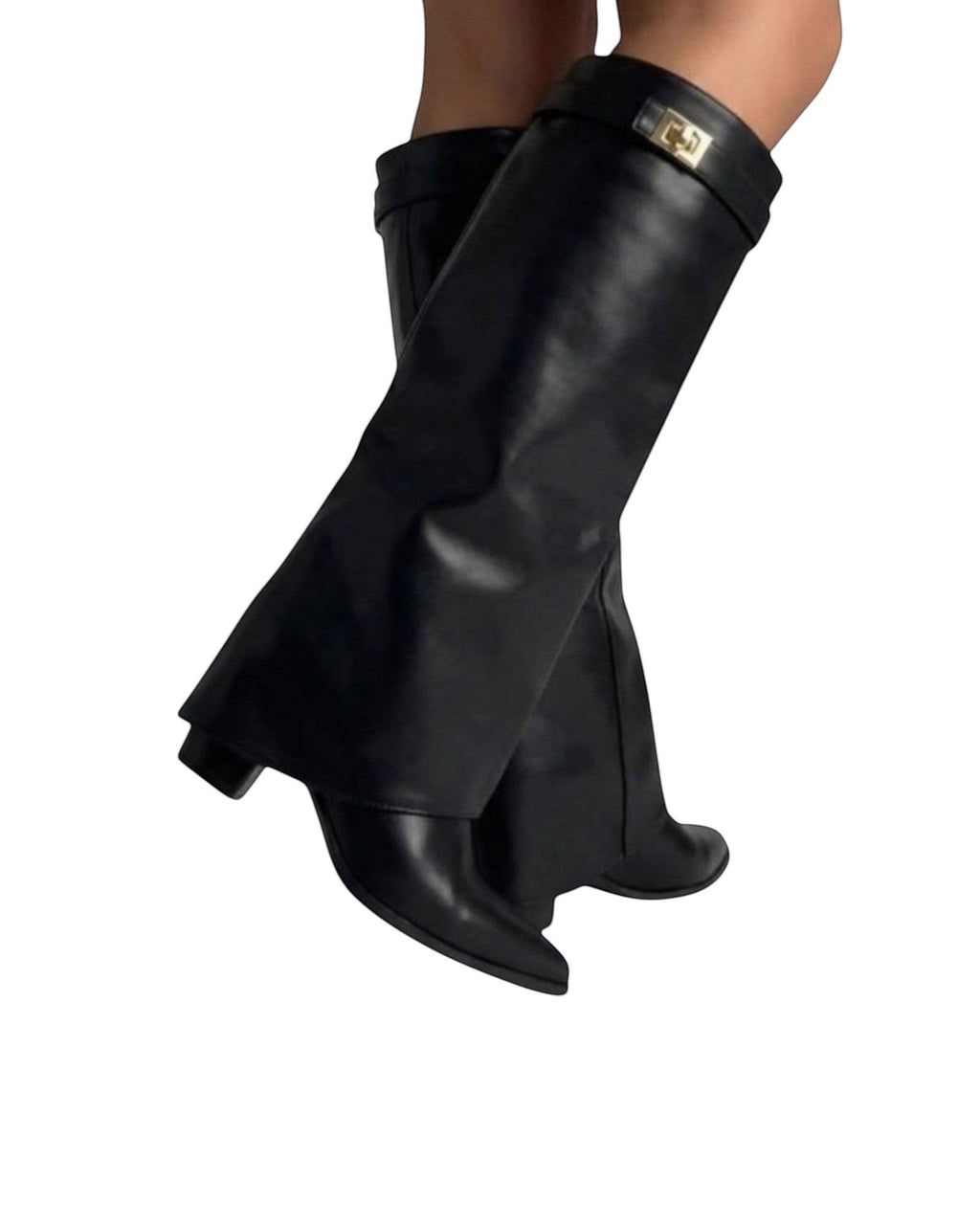 So and Ro black faux leather slouch boots with gold buckle detail and pointed toe.