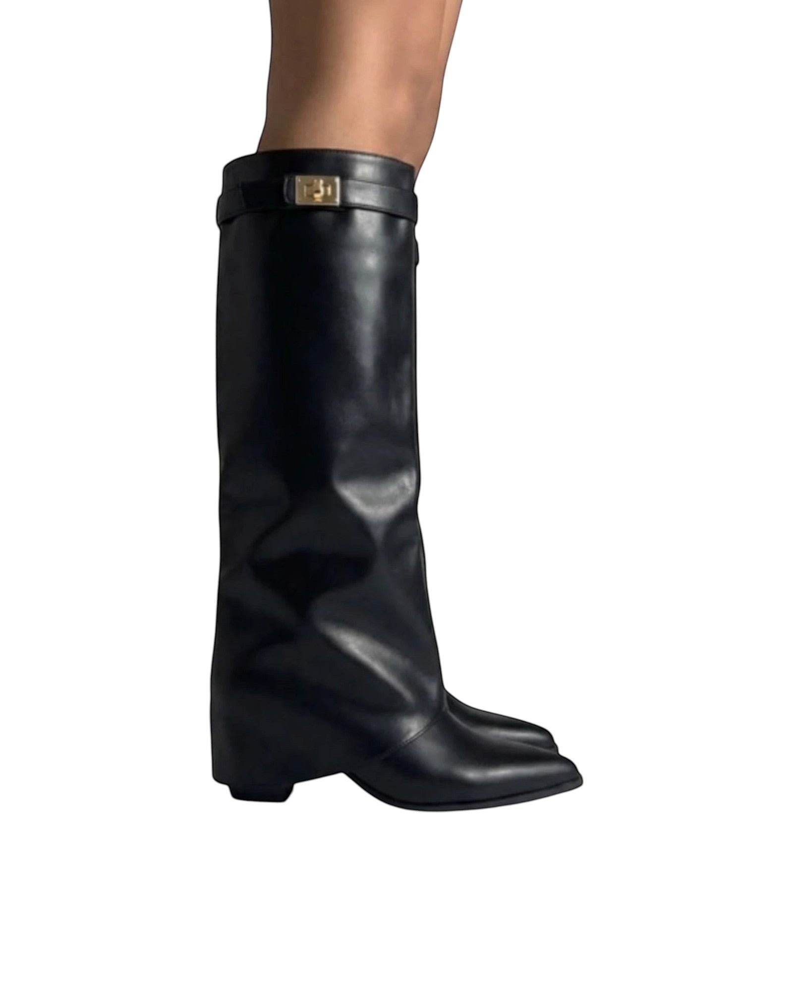 So and Ro black faux leather slouch boots with gold buckle detail and pointed toe.