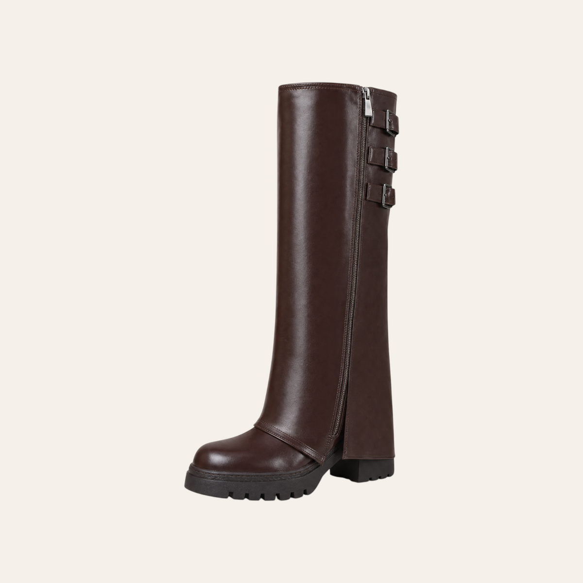 Josephine hoge bikerlaars donkerbruin lederlook met grove profielzool en drie gespdetails