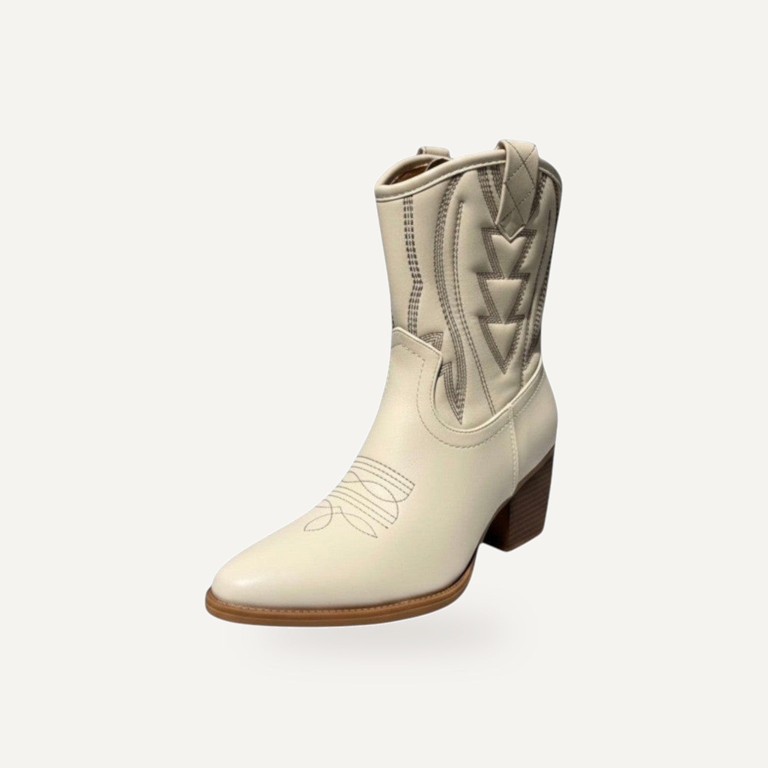 So and Ro off-white faux leather western ankle boots with block heel and cowboy stitching details.
