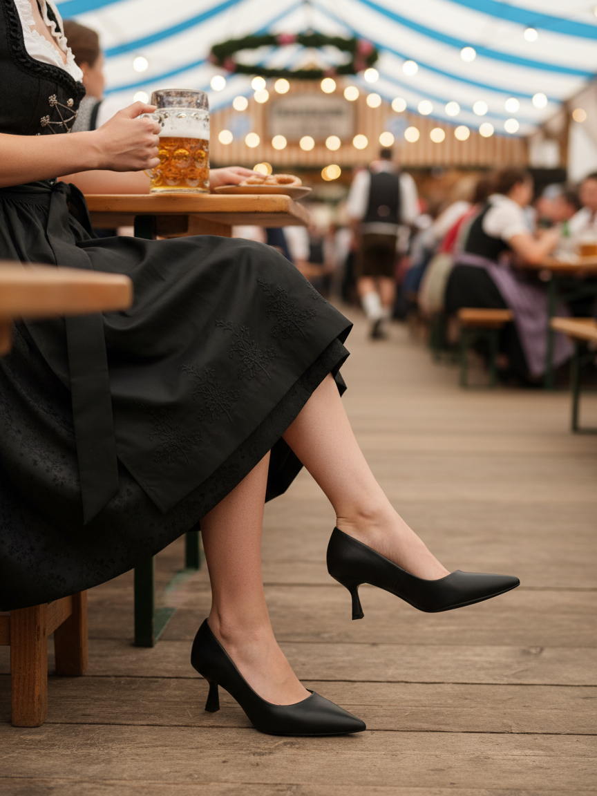 Bernadine zwart lederlook pump met lage kittenheel gedragen tijdens Oktoberfest