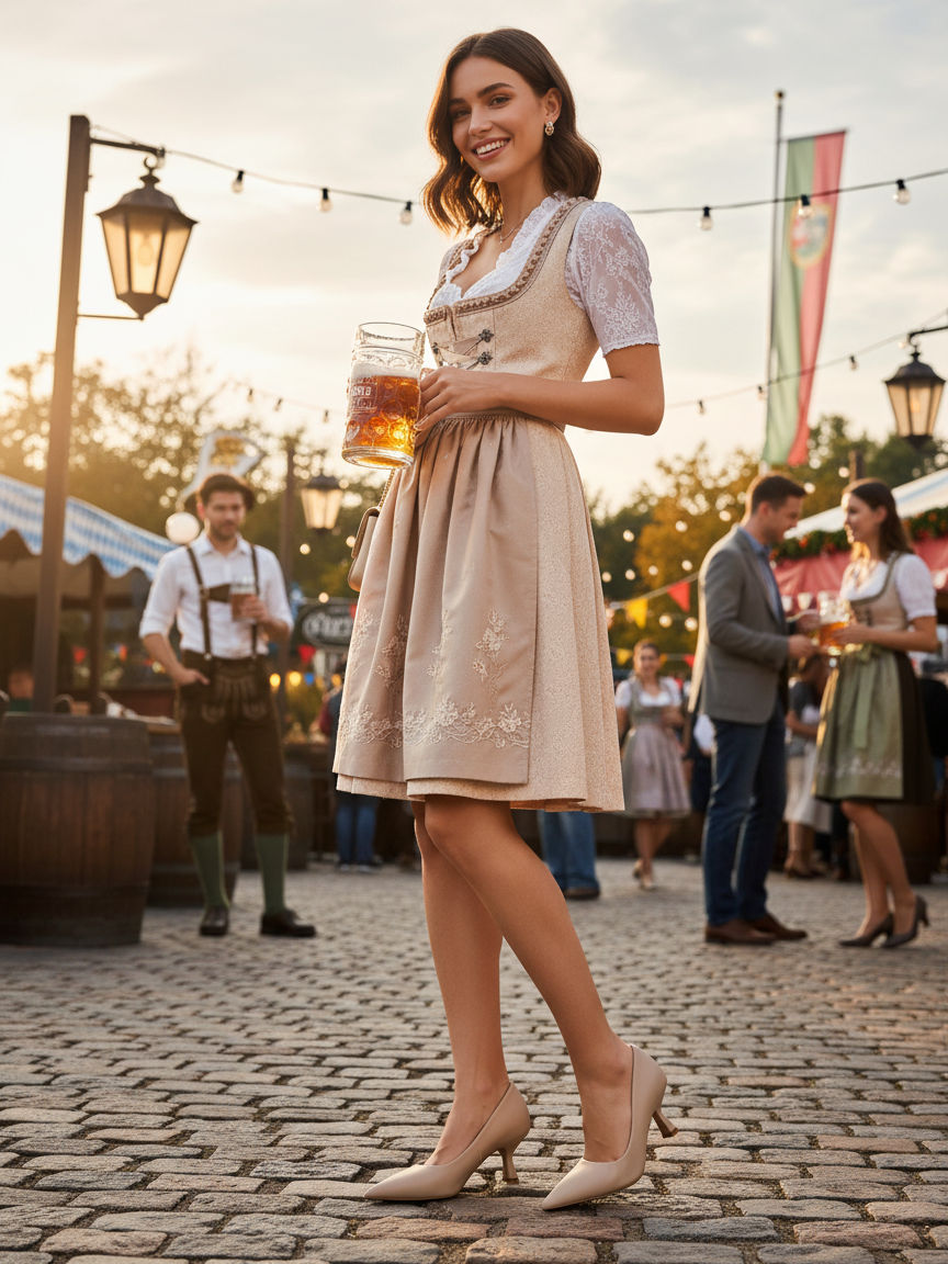 Bernadine beige lederlook pump met lage kittenheel gedragen bij een Dirndl