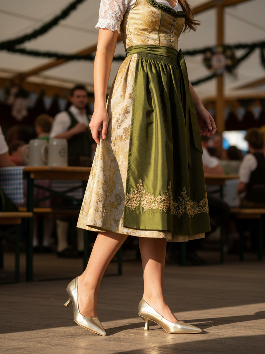 Bernadine goud lak pump met lage kittenheel gedragen bij een Oktoberfest Dirndl