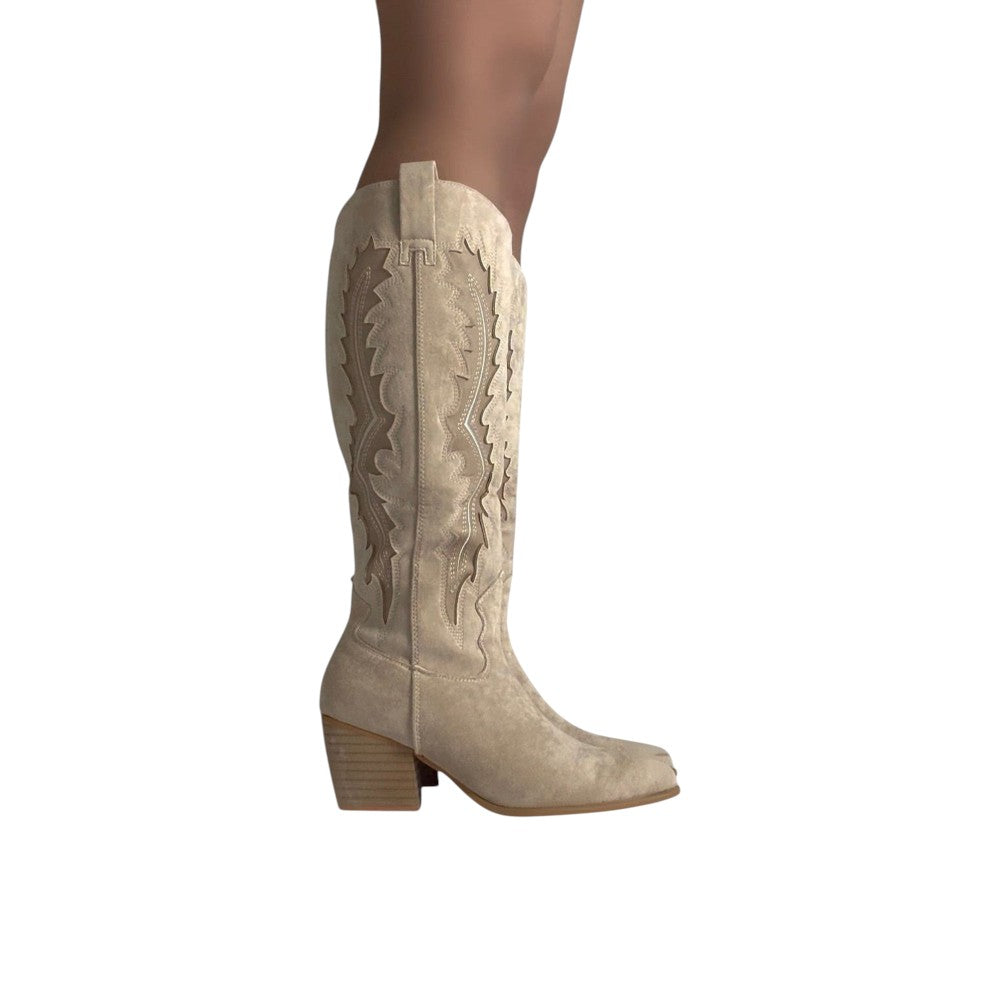 Beige Western Knee High Boots – Micro Suède | Festival Laarzen Dames