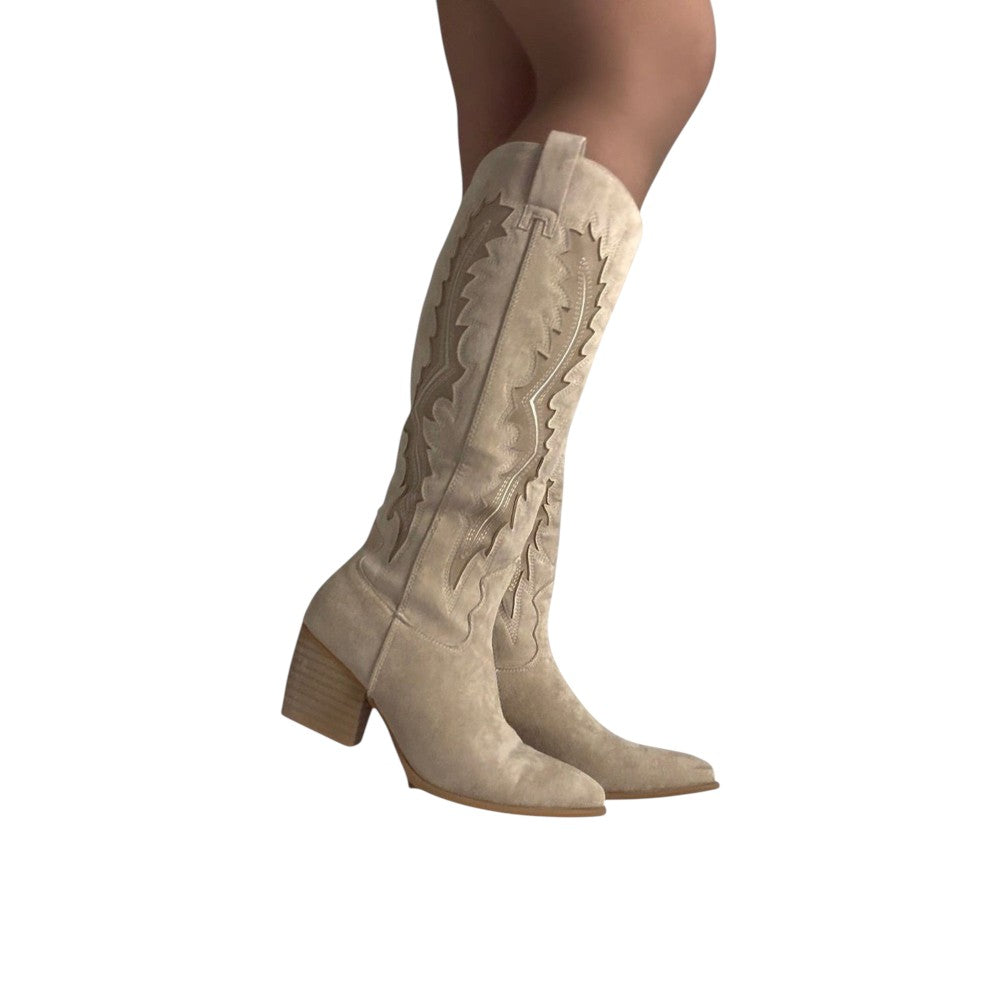 Beige Western Knee High Boots – Micro Suède | Festival Laarzen Dames