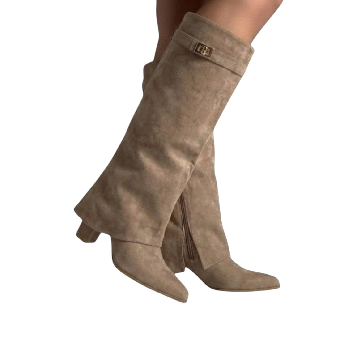 So and Ro khaki suede-look knee-high boots with a fold-over cuff and gold buckle detail.