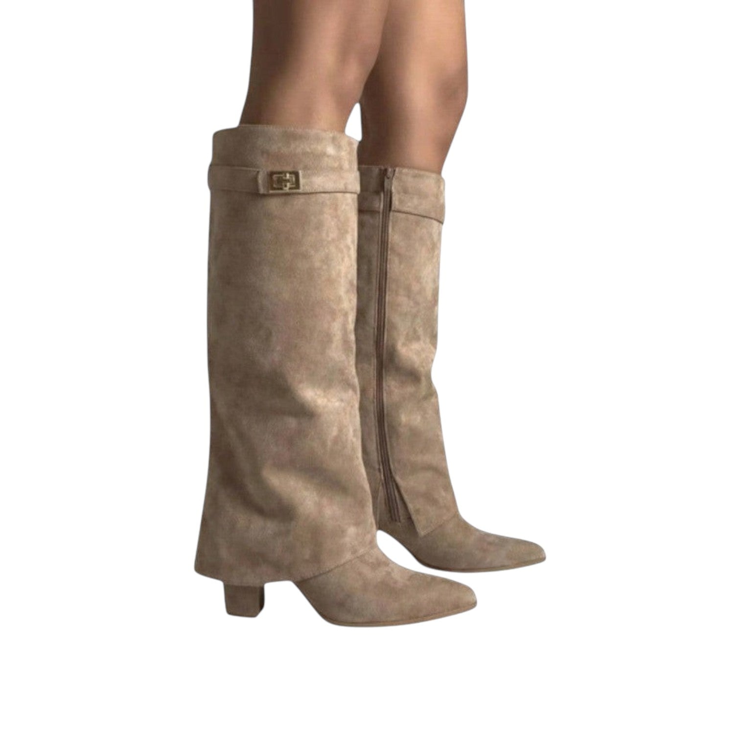So and Ro khaki suede look knee-high boots with a fold-over cuff and gold buckle detail.
