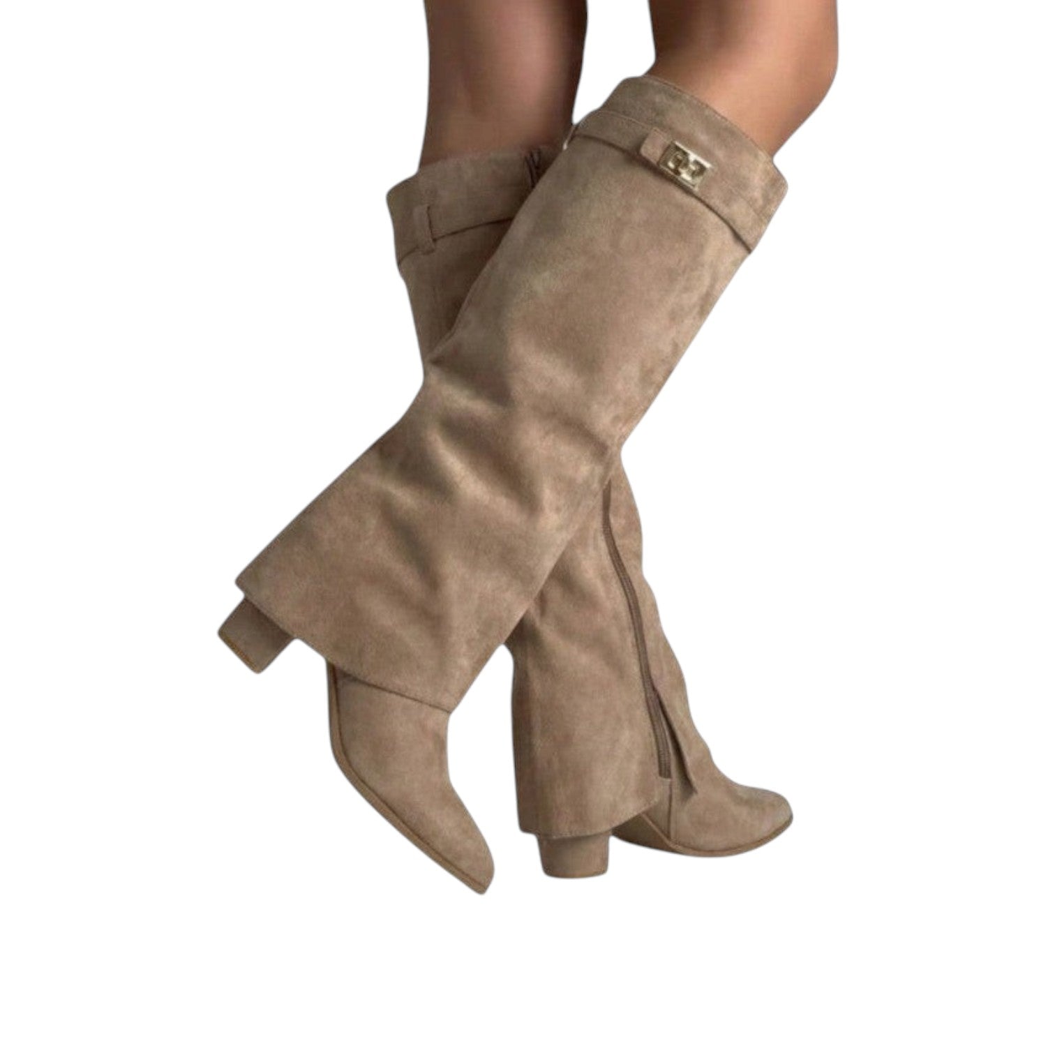 So and Ro khaki faux suede knee-high boots with fold-over cuff and gold buckle detail. Side zip closure.