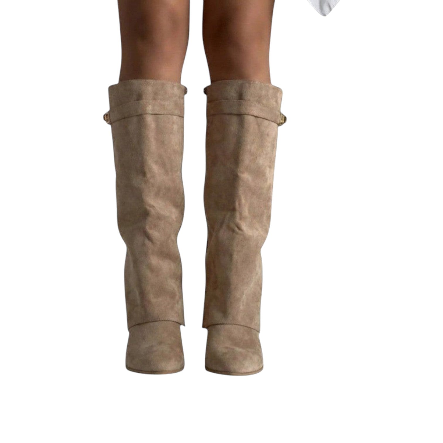 So and Ro khaki faux suede slouch boots with buckle detail and side zip. Knee-high style.
