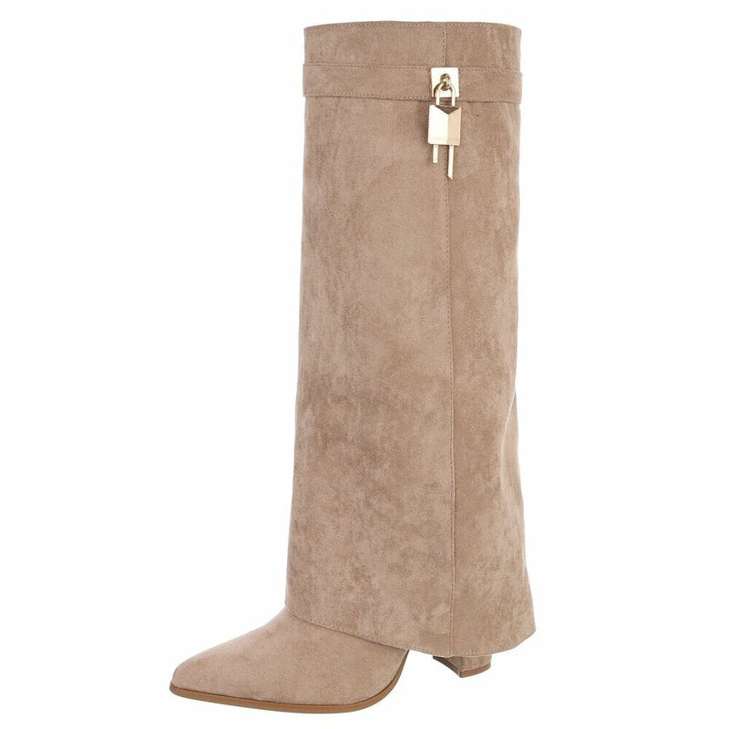 Aya1 Boot – Beige Microsuède kniehoge laars met omslag en gouden gesp | So & Ro