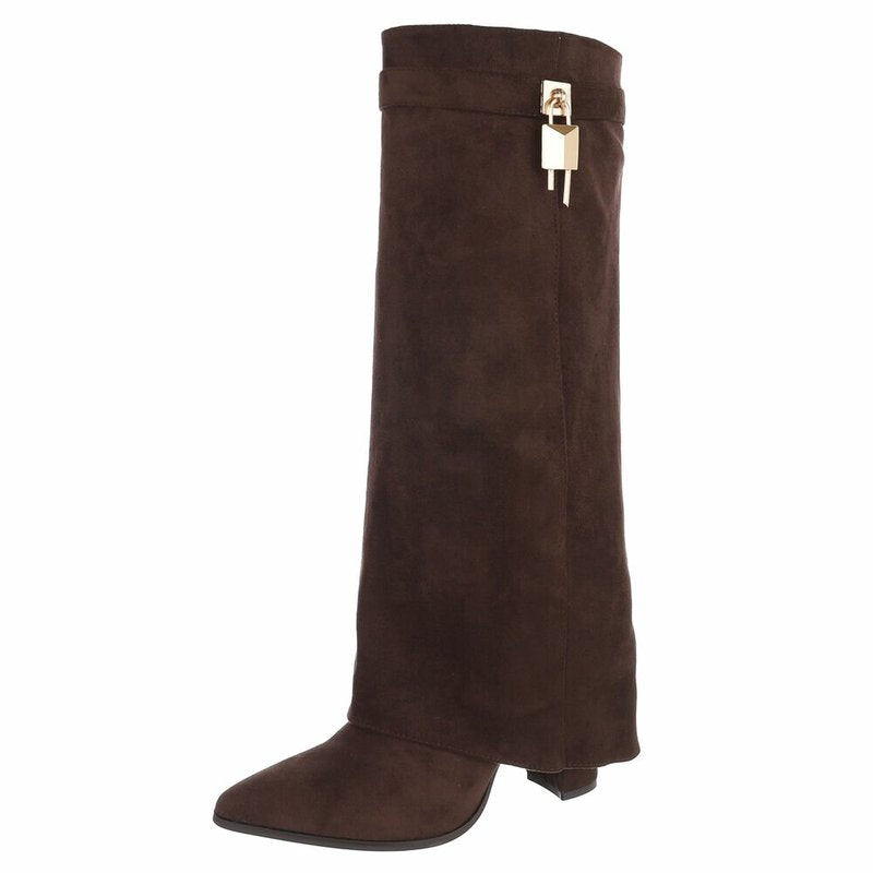 Aya1 Boot – Bruin Microsuède kniehoge laars met omslag en gouden gesp | So & Ro