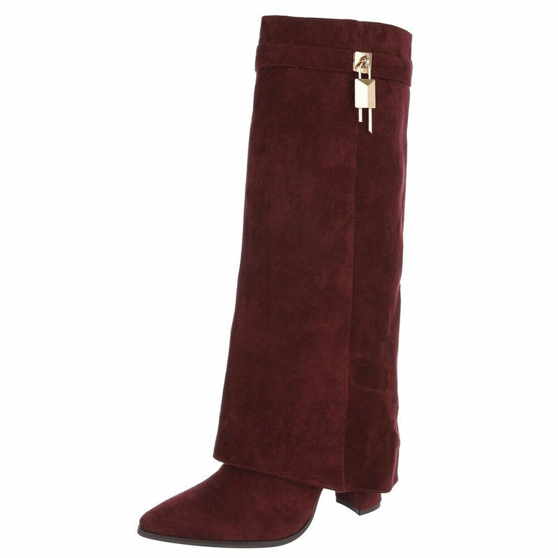 Aya1 Boot – Wine Microsuède kniehoge laars met omslag en gouden gesp | So & Ro