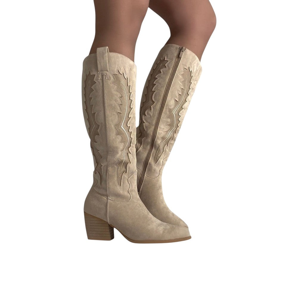 So and Ro beige micro-suede western knee-high boots with contrast embroidery and block heel.