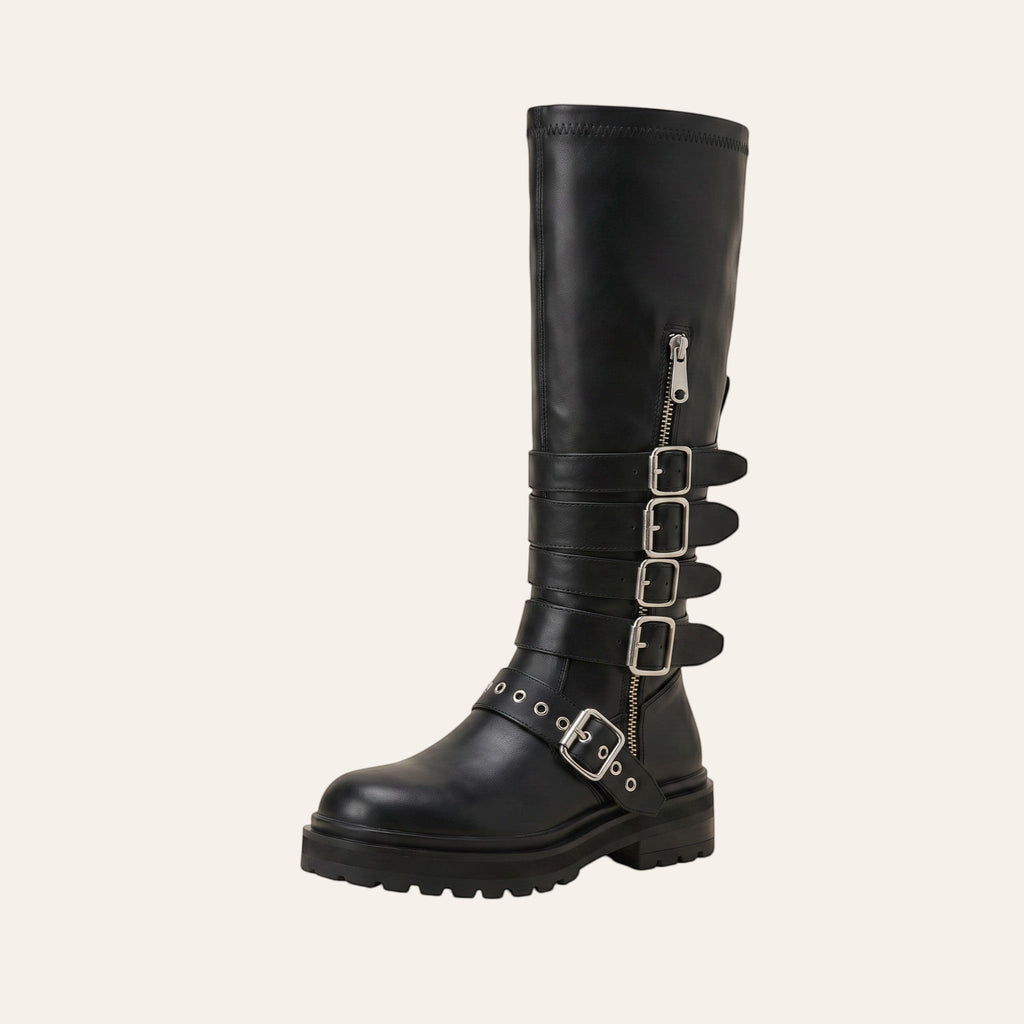 Zwarte kniehoge festival laarzen dames met multi-buckle details en studs