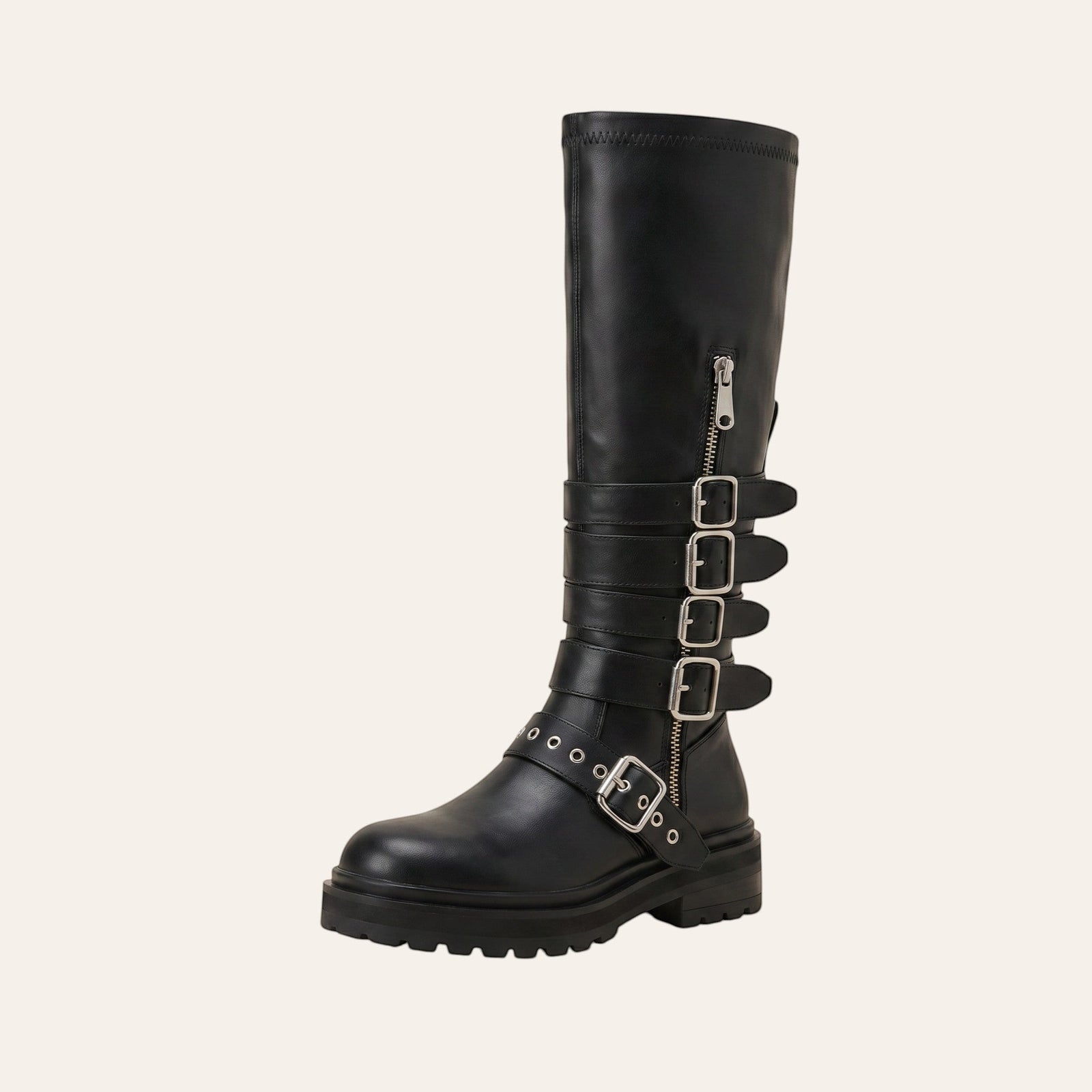 Zwarte kniehoge festival laarzen dames met multi-buckle details en studs