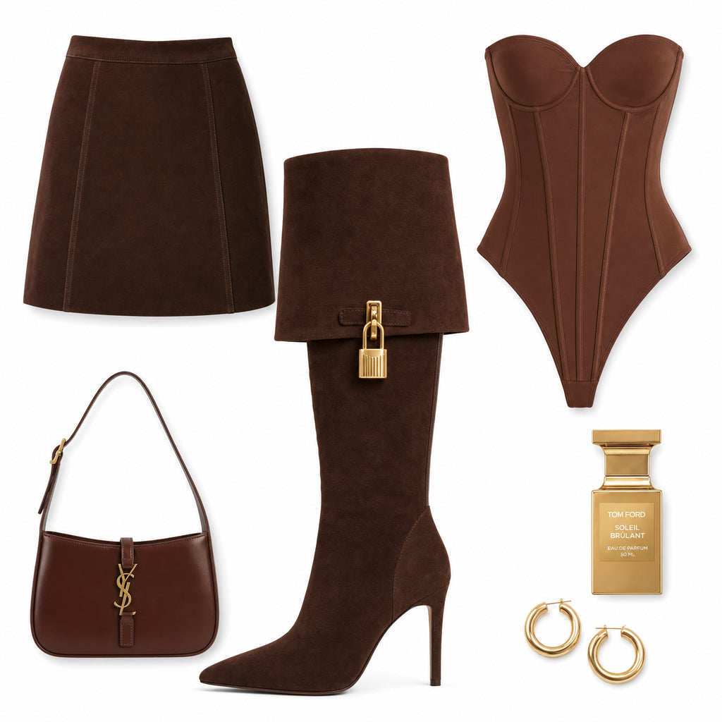 Fold Over Knee High Boot – Donkerbruin met Gouden Slot | TikTok Trending