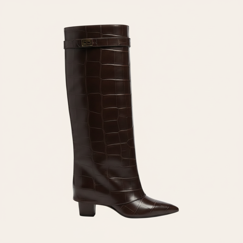 Saphira Hoge Laarzen – Donkerbruin Croco Lederlook