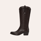 So and Ro - shoes and more - Winnie donkerbruine kniehoge cowboylaarzen in lederlook met studs en blokhak