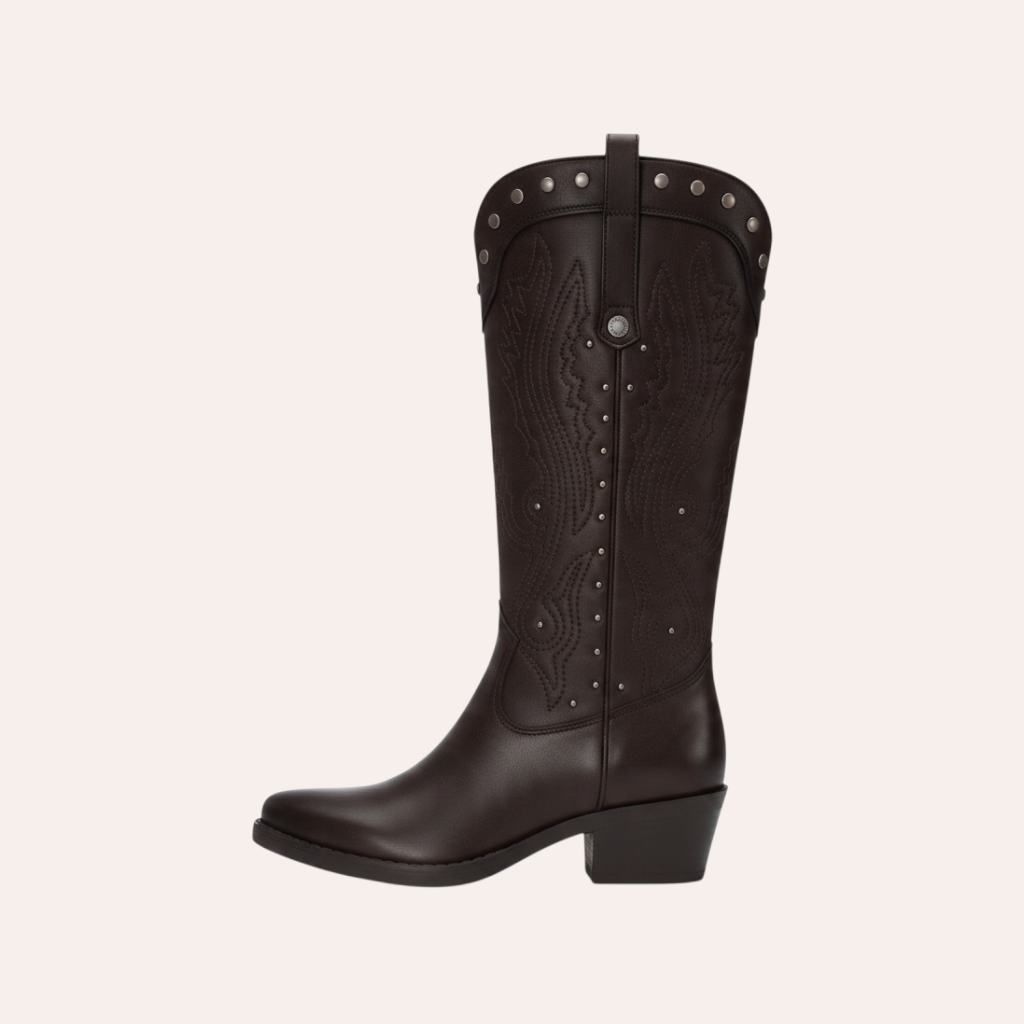 So and Ro - shoes and more - Winnie donkerbruine kniehoge cowboylaarzen in lederlook met studs en blokhak