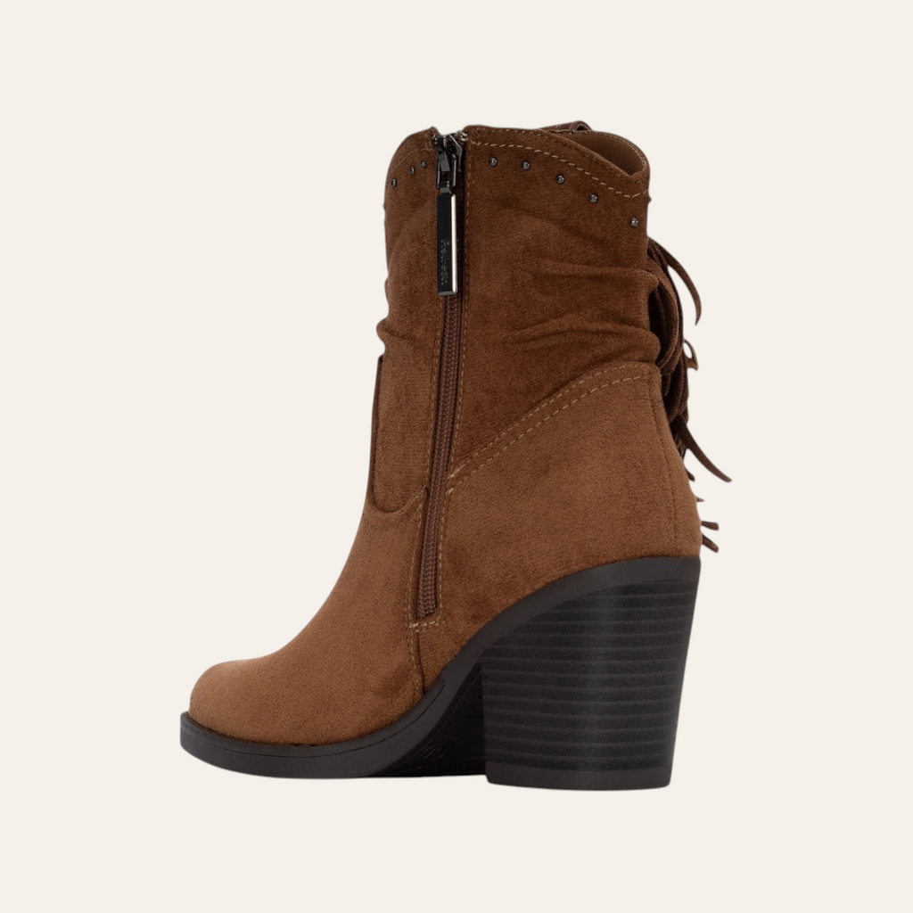 So and Ro - shoes and more - Francis bruine enkellaars van microsuede met franjes, studs en een stevige blokhak