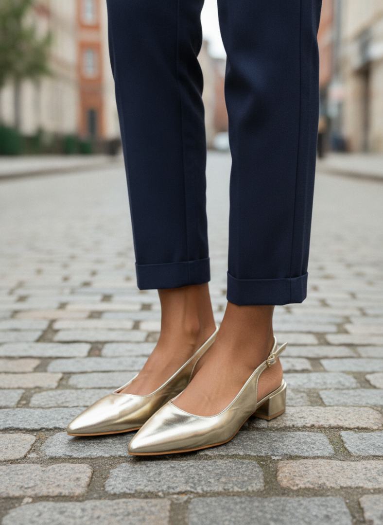 Beate gouden metallic slingback pump met spitse neus en lage blokhak