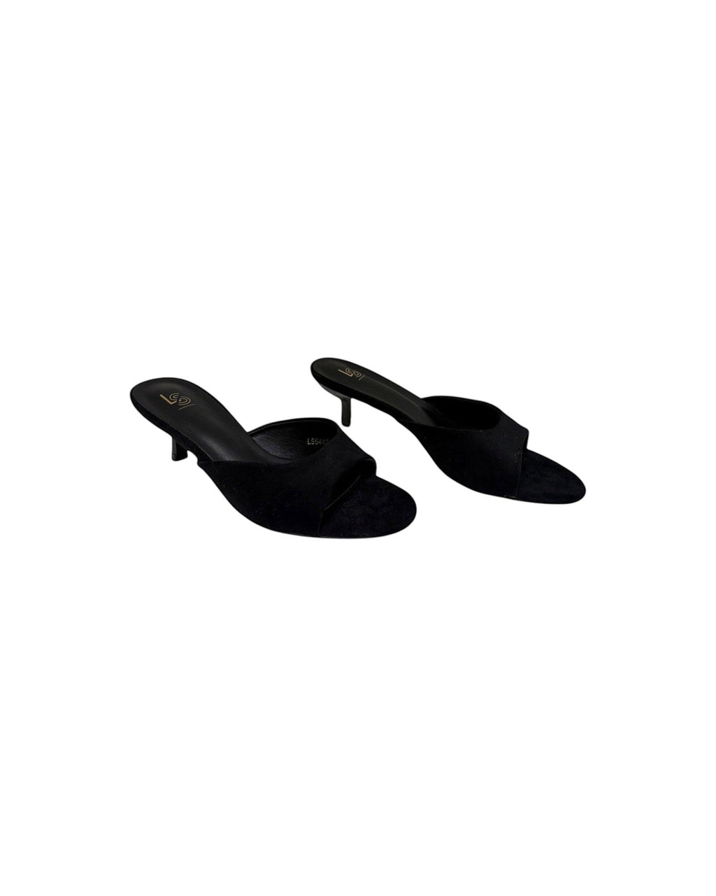 So and Ro black micro suede kitten heel mules with an open toe and slip-on design.