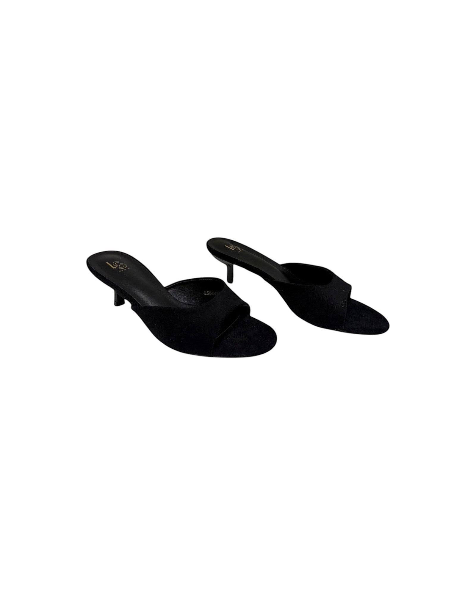 So and Ro black micro suede kitten heel mules with an open toe and slip-on design.