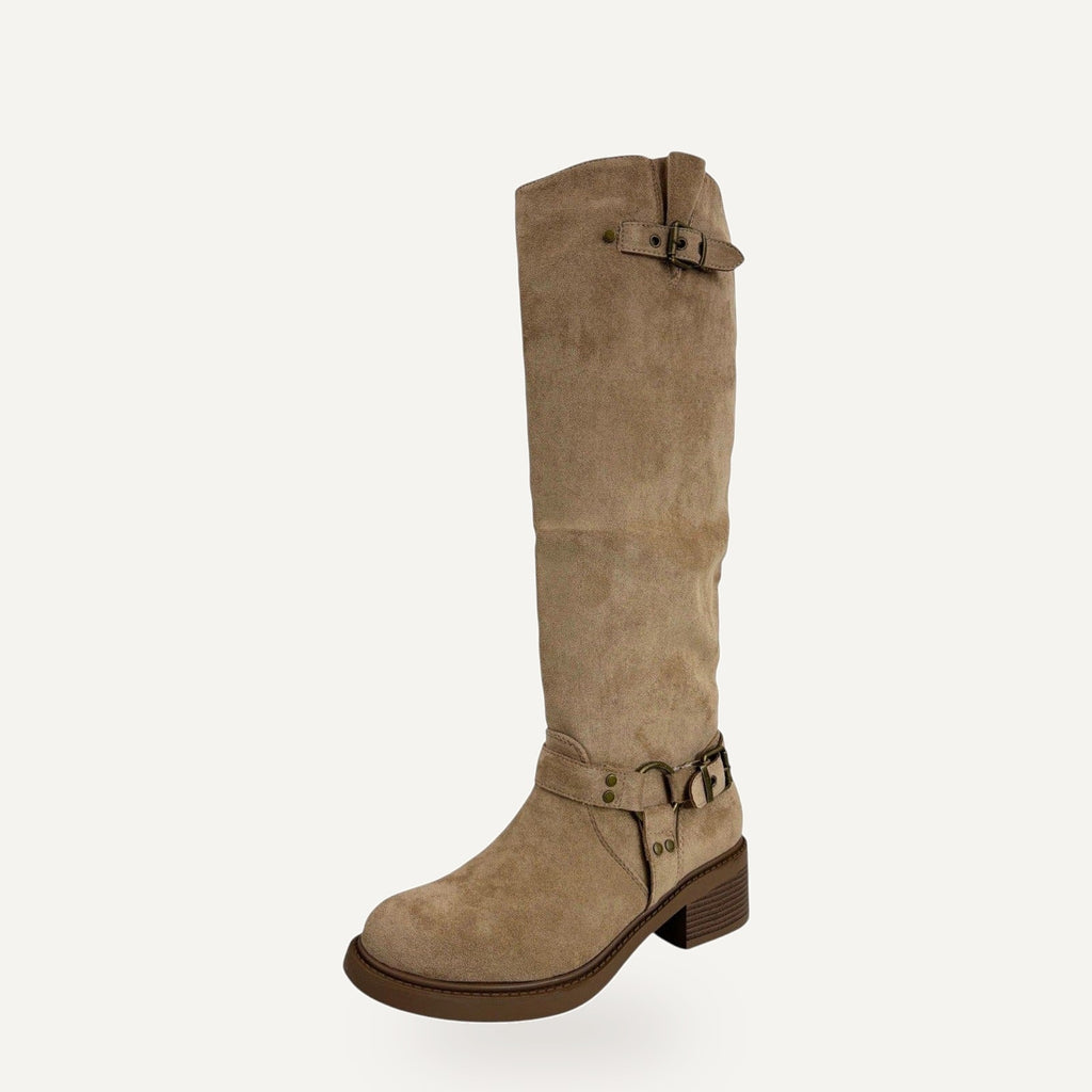 Suede Knee High Boots met Gesp – Beige | Western Laarzen Dames