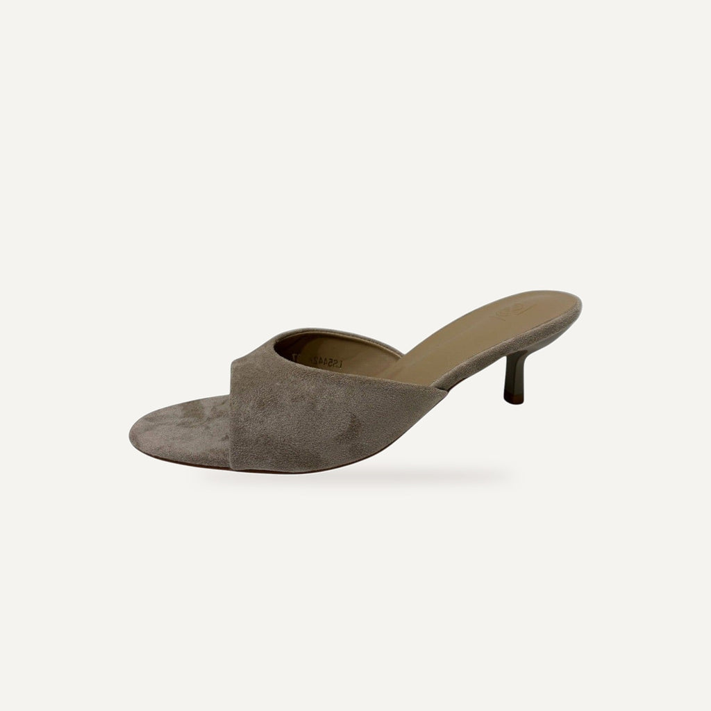 Taupe Kitten Heel Mules Dames – Micro Suède | Slip-On Hakken