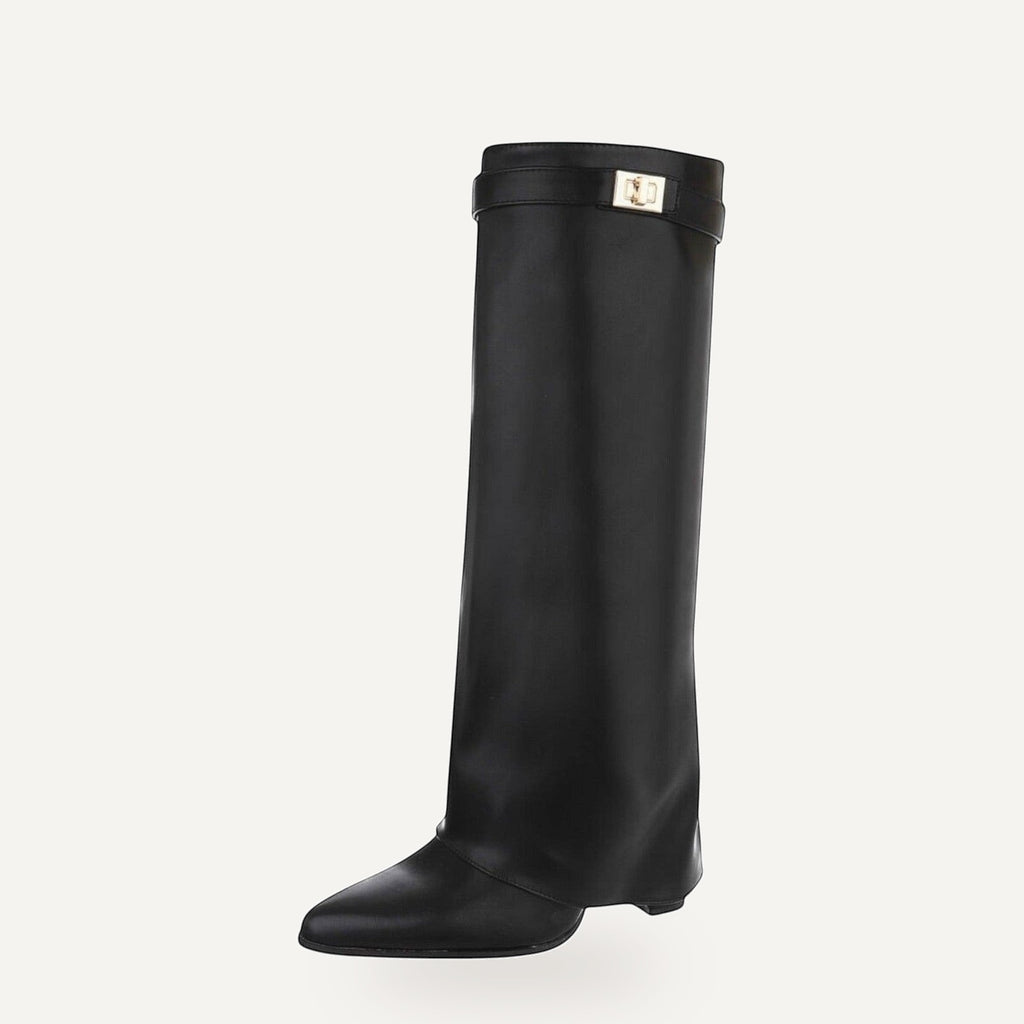 Zwarte leder look laars met omslag en gouden detail VIRAL ON TIK TOK