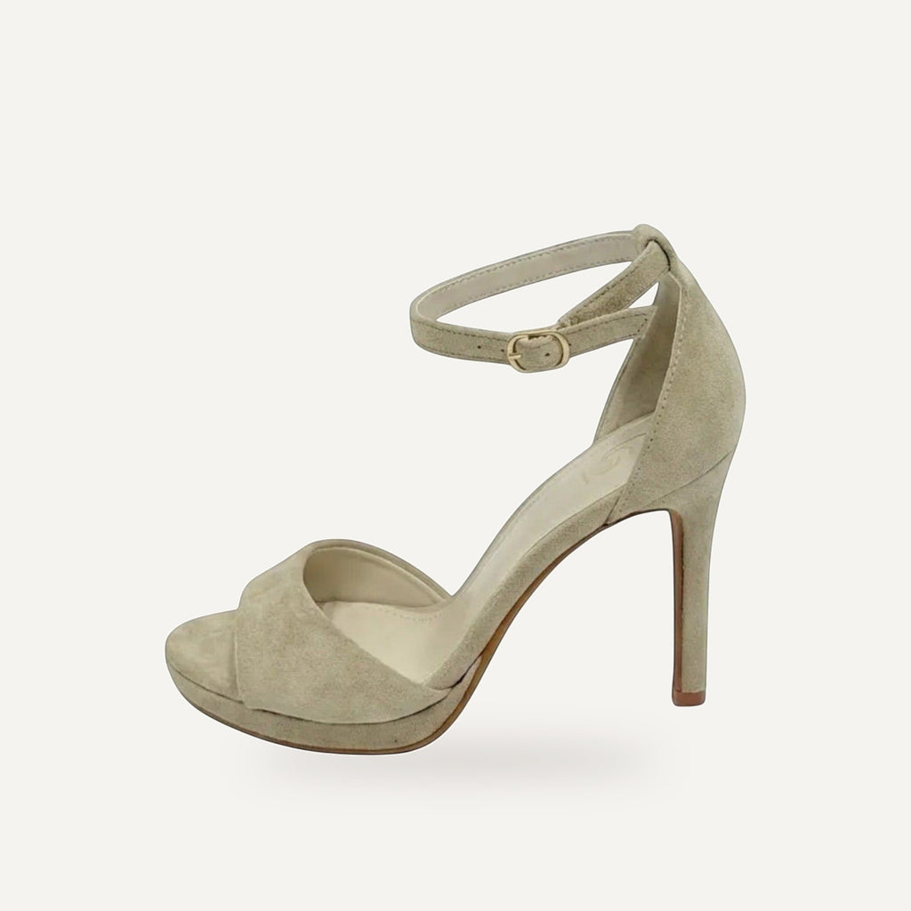 Beige Platform Hakken Dames met Enkelbandje – Micro Suède | Party Heels